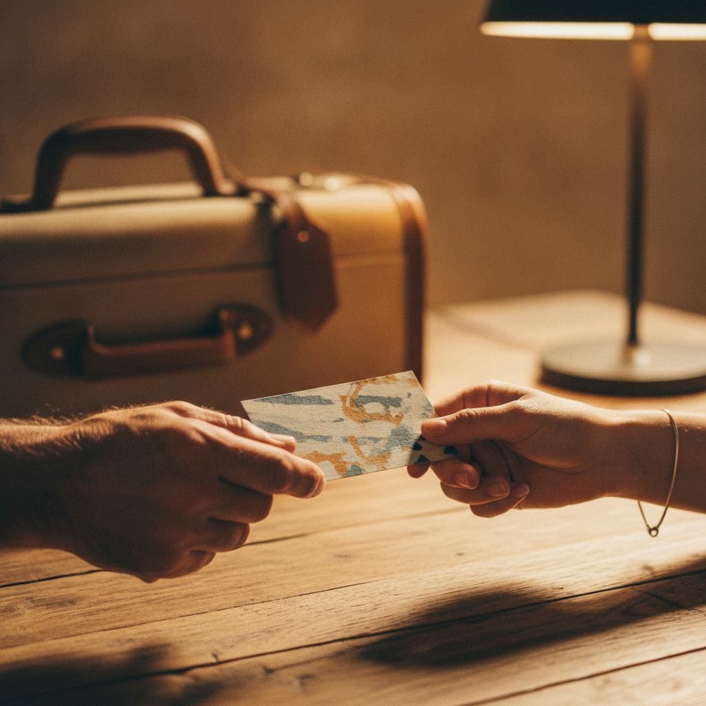 A host's hands giving a guest an elegant card with a discount for their next stay upon departure.