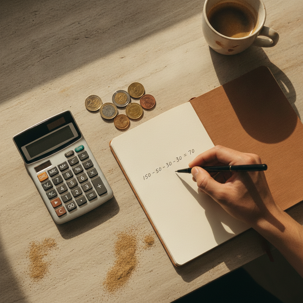 A calculator on a smartphone screen with an apartment key and euro banknotes in the background, symbolizing the calculation of rental costs.