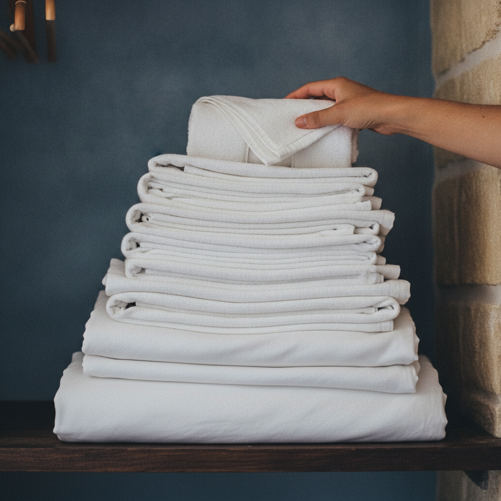 A neatly folded stack of freshly laundered white linens and towels on a shelf, symbolizing the cost of professional laundry services.