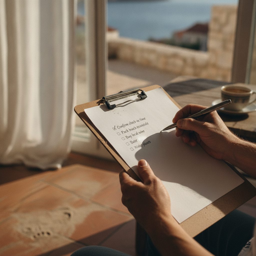 A neat desk with documents for a tourism inspection, including the Categorization Permit (Rješenje) and a tablet with the eVisitor app.