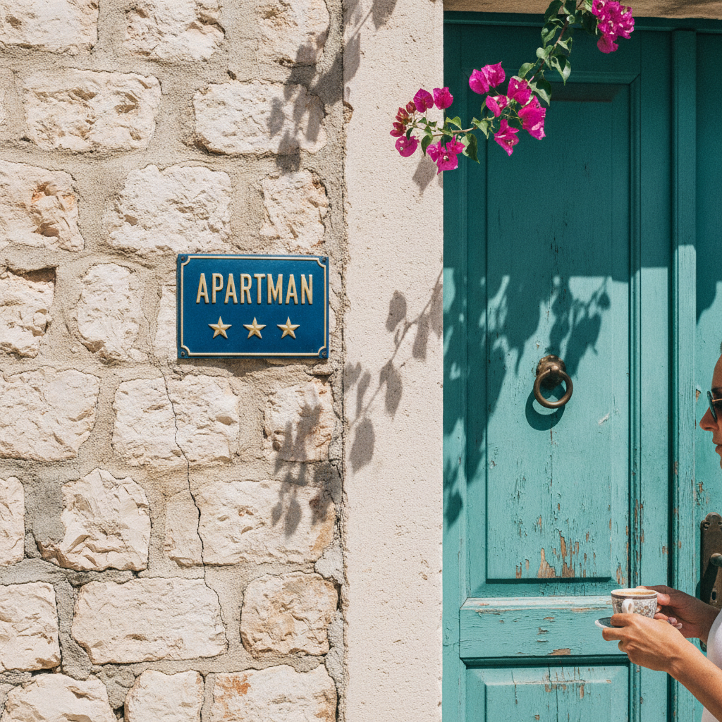 A standardized blue plaque for an apartment with its category rating on a stone wall.