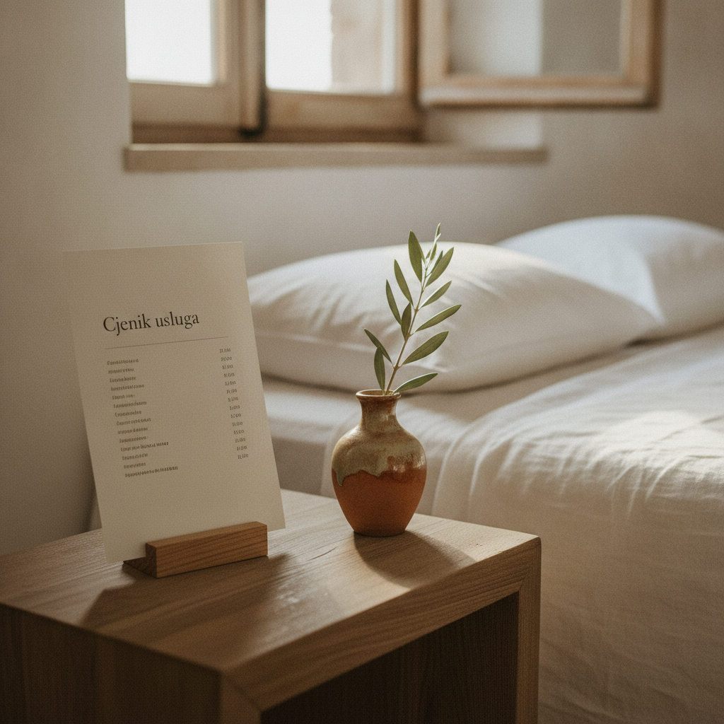 A price list for accommodation services elegantly displayed on a nightstand in a bedroom.