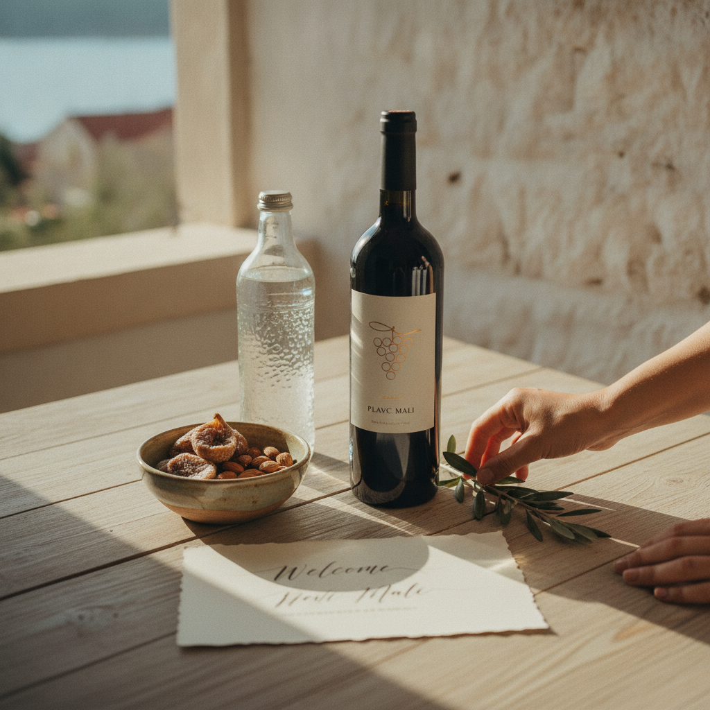 A neatly arranged welcome package on a table in a modern apartment, with a bottle of wine, olive oil, and a personalized message.