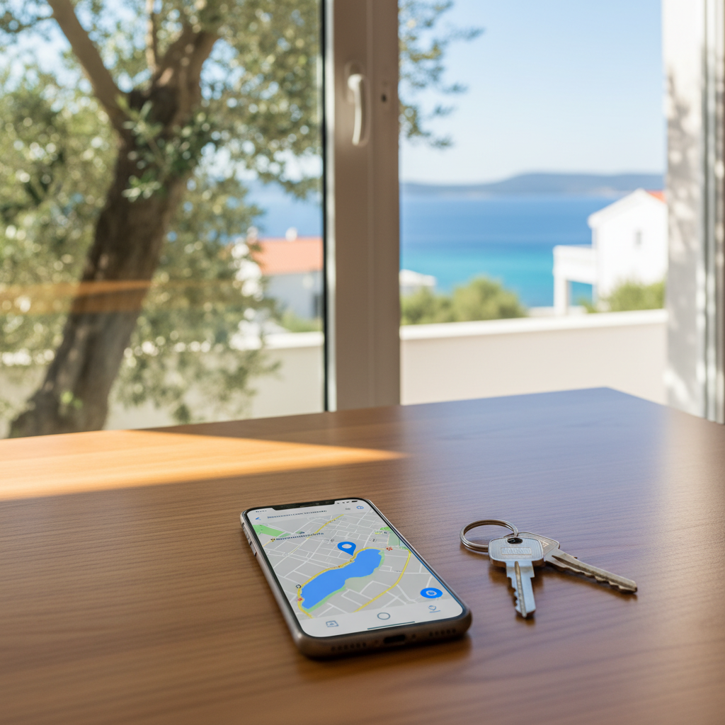 A phone displaying a map location next to apartment keys, symbolizing simple and effective self-check-in instructions for a guest.