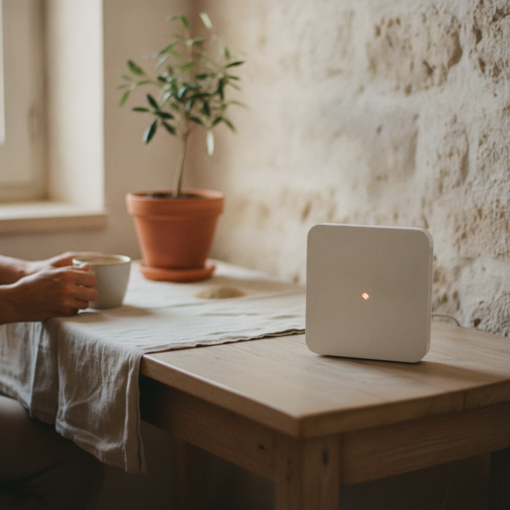 A modern white WiFi router on a wooden table in a vacation rental with a sea view.