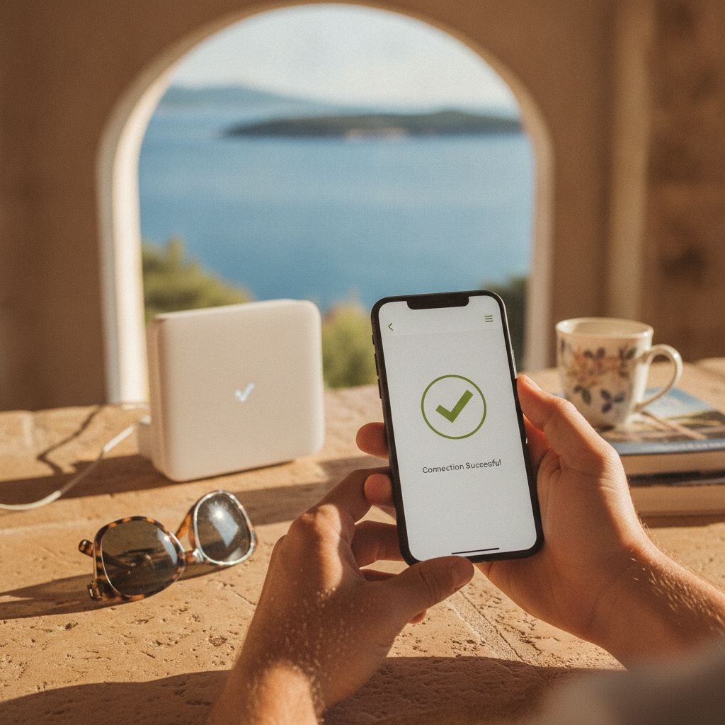A person holding a smartphone and successfully setting up a WiFi network via a mobile app.