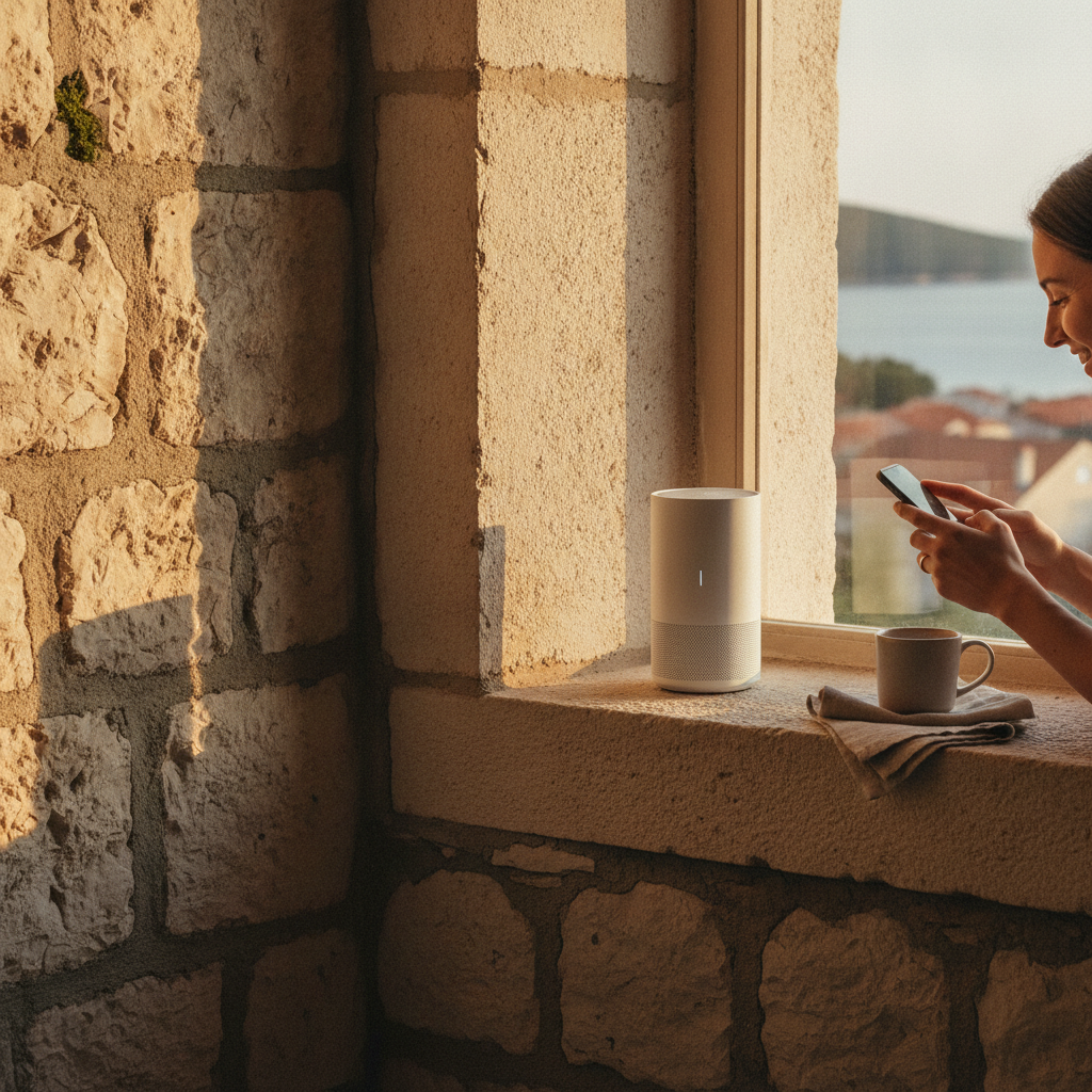 A mesh WiFi system unit placed next to a thick stone wall, symbolizing the solution for internet signal in traditional houses.